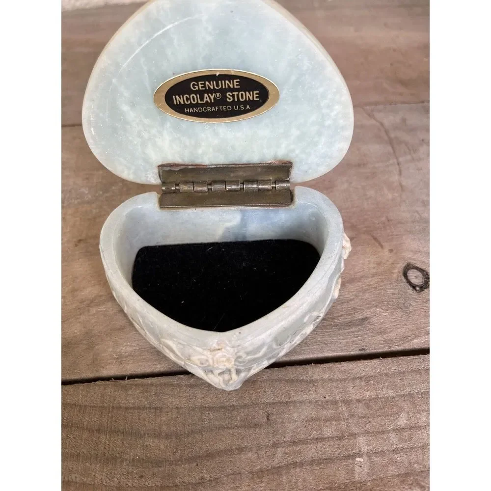 Vintage Genuine Incolay Blue Green Stone Heart Shape /Roses  Jewelry Trinket Box
